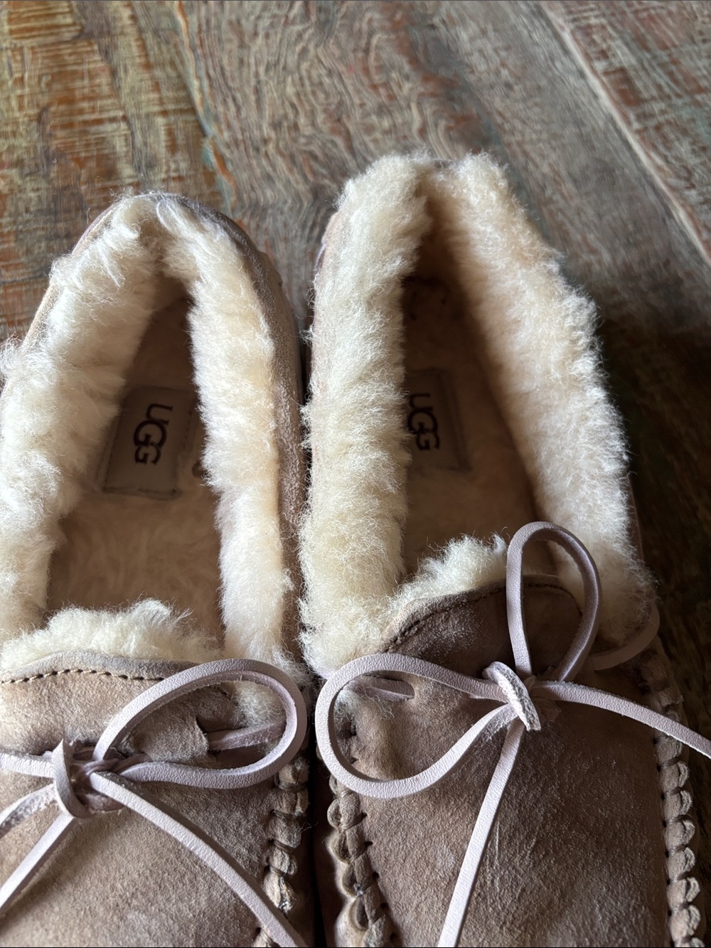 UGG Chestnut Suede Shearling Lined Moccasin Slippers - Picture 6 of 7